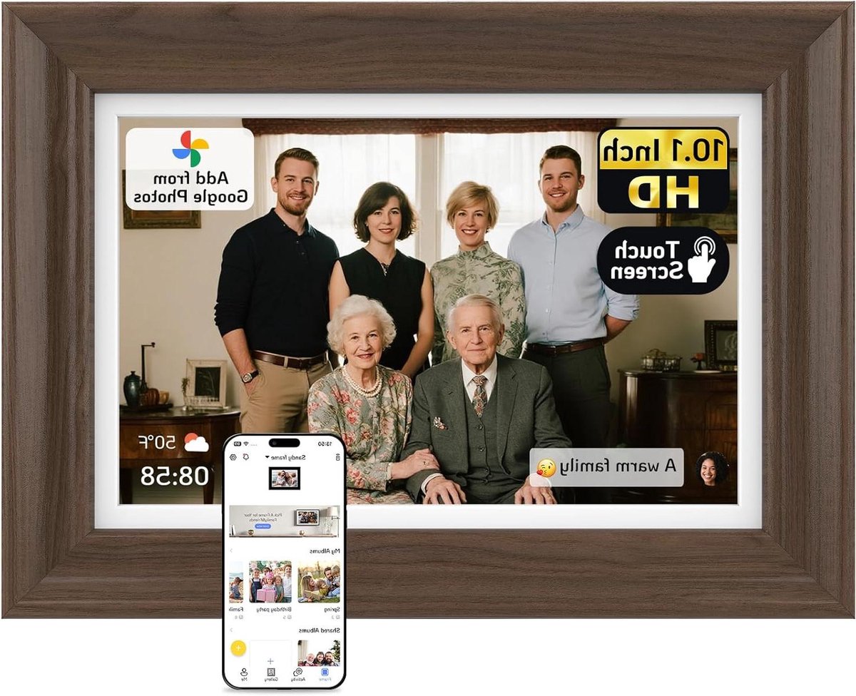Digitale Fotolijst - WiFi Fotoweergave - Herinneringen Tonen - HD Touchscreen - 10.1 Inch - Walnoot