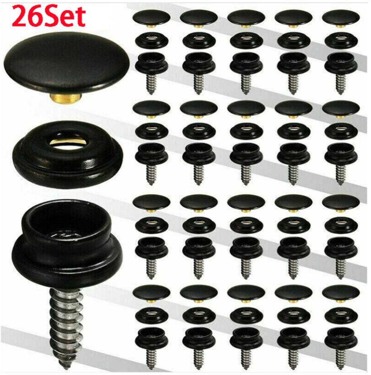 26 sets van 15 mm roestvrijstalen schroefclips, schroefclipset geschikt voor canvasbevestiging met verdikte doppen, geschikt voor doe-het-zelf meubelhoezen, zwart.