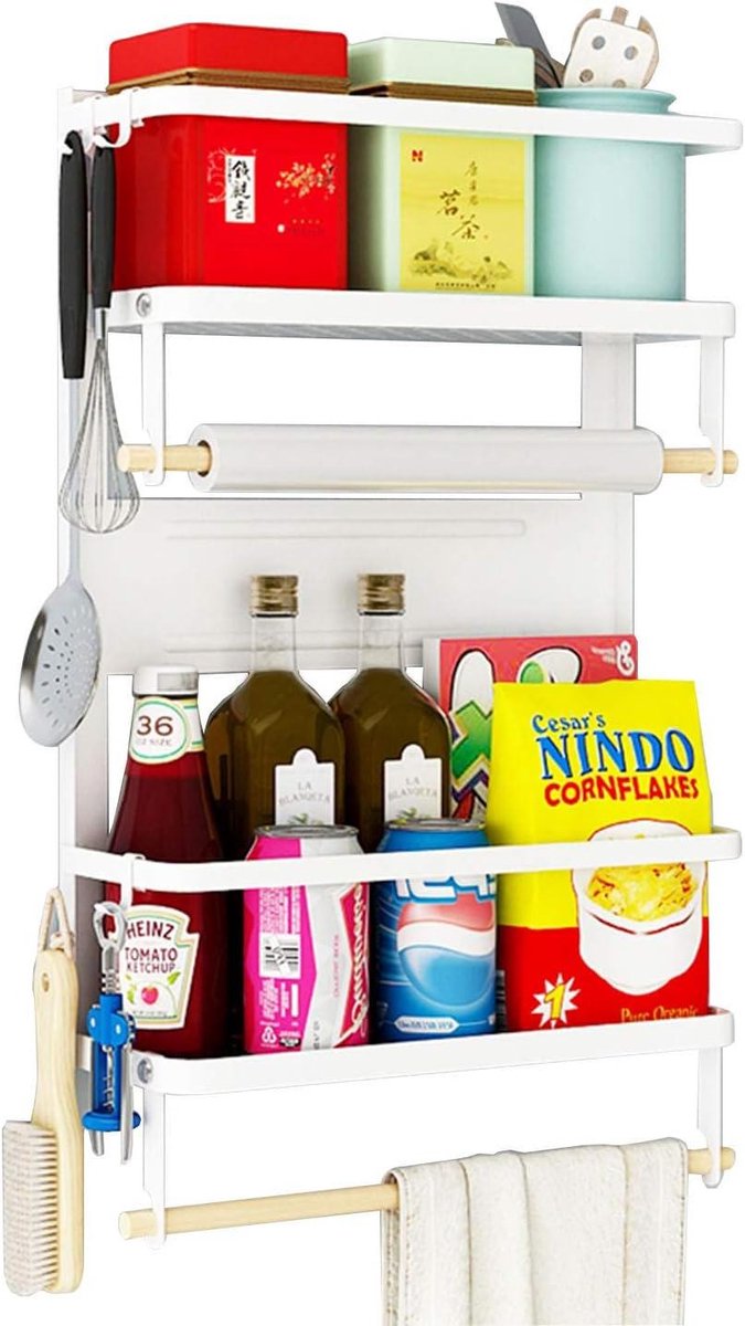 Magnetisch Kruidenrek - Keuken Organizer - Koelkast Opbergen - 4 Lagen 5 Haken - 13.6 kg Dragen - Mat Wit