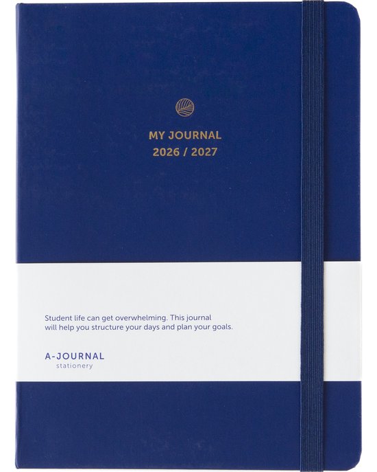 Donkerblauwe A5-planner "MY JOURNAL 2026/2027" met een witte band en de tekst "Studentenleven kan overweldigend zijn. Deze agenda helpt je je dagen te structureren en je doelen te plannen."