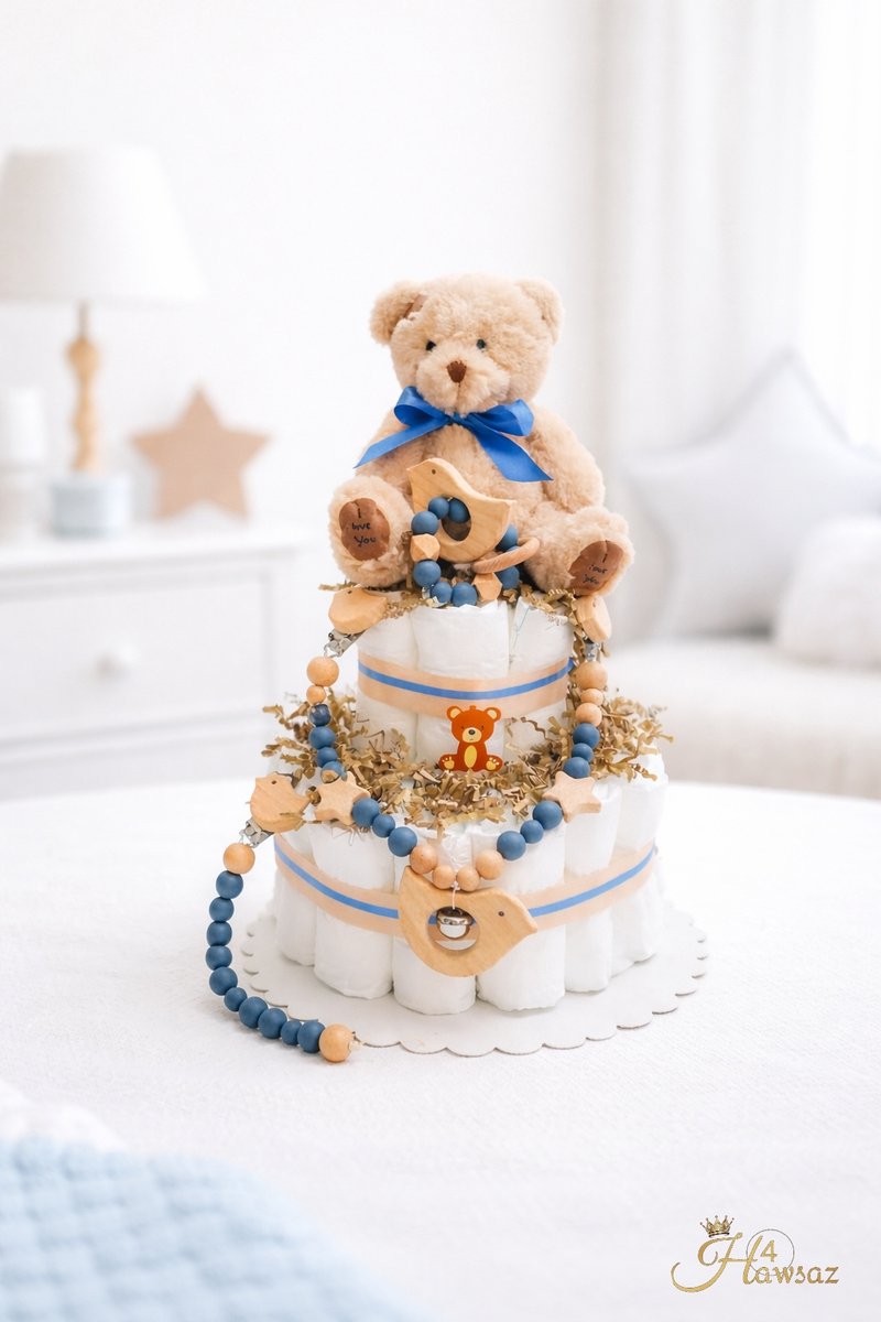 Luiertaart 39 stuks - kraamcadeau - Hawsaz.nl Cadeau - 35 luiers newborn - Babycadeau - Babygeschenkset - Knuffel - Speenkoord - Rammelaar - Babyshower - Gepersonaliseerde - Wagenspanner kinderwagen - Speelgoed hout -