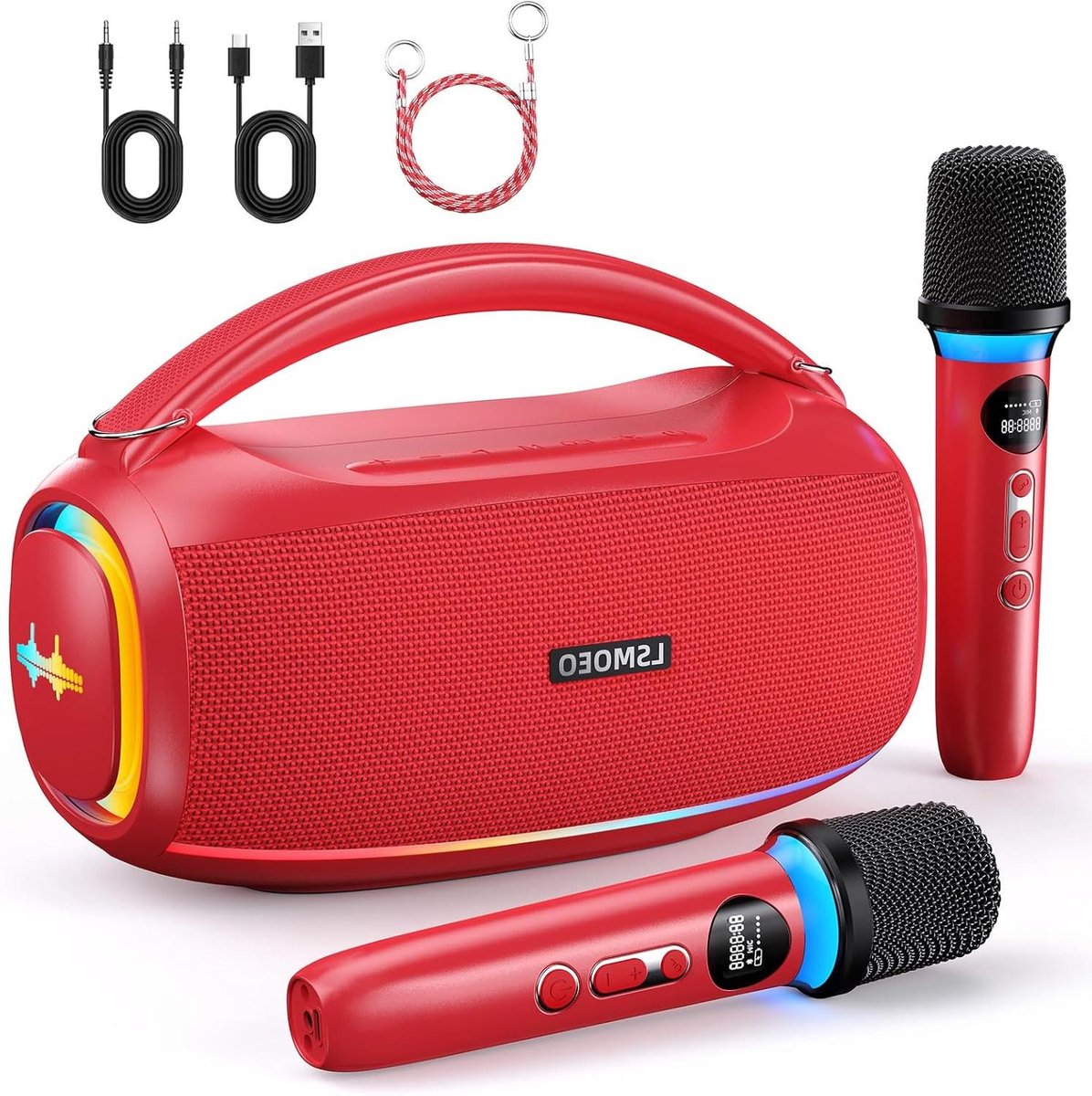 Karaoke Machine - Draagbare Geluidsbox - Feest Geluid - Waterdicht Ontwerp - 60W Piekvermogen - Rood