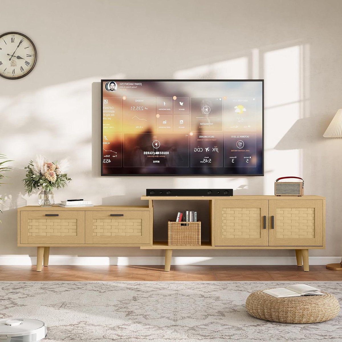 Uittrekbare TV-kast - TV-meubel Rotan - Woonkamer Opbergen - Verstelbare Lengte - 146-180 cm - Eiken