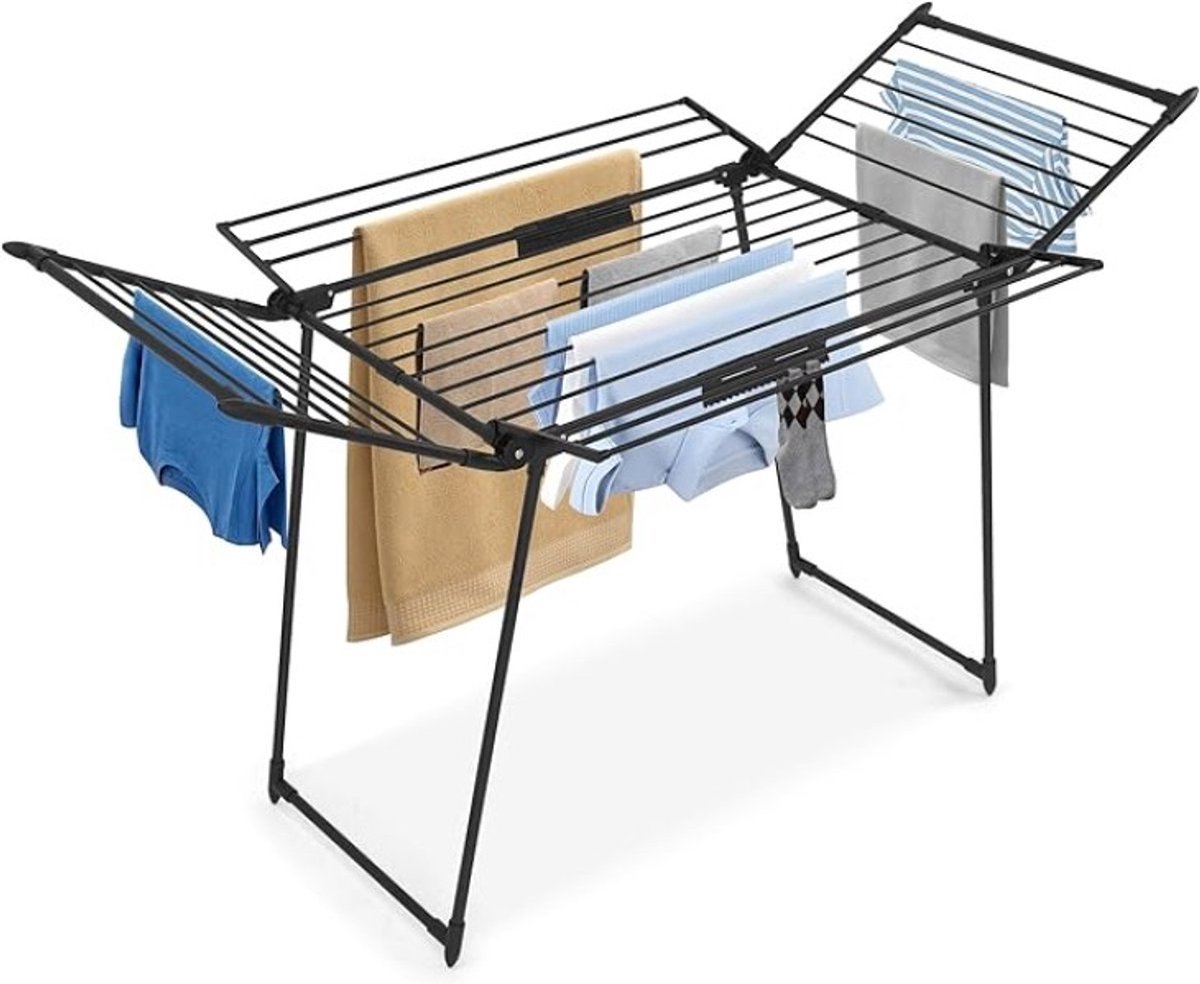 Inklapbaar droogrek met wasmand en knijpers - 25 meter drooglengte - Zwart