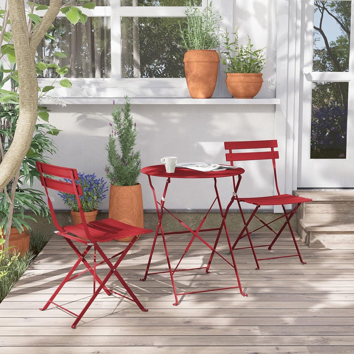 Bistroset 3-delig Opvouwbaar – Balkonset met Tafel en 2 Stoelen Weerbestendig Metaal – Compacte Tuinset voor Balkon & Terras rood – Urbanhome