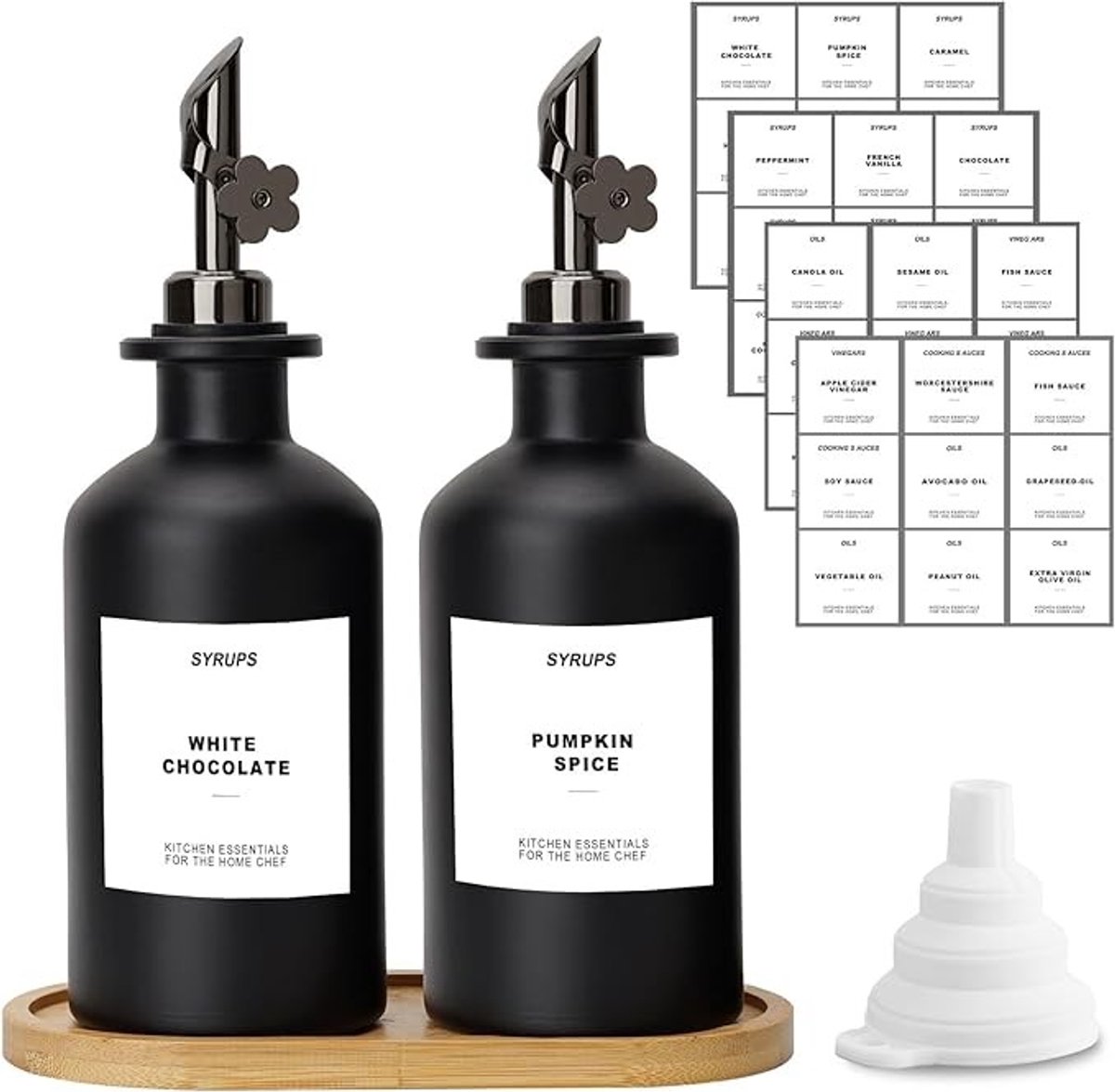 Zwarte olie- en azijnfles set met bamboe bak, 2 x 350 ml