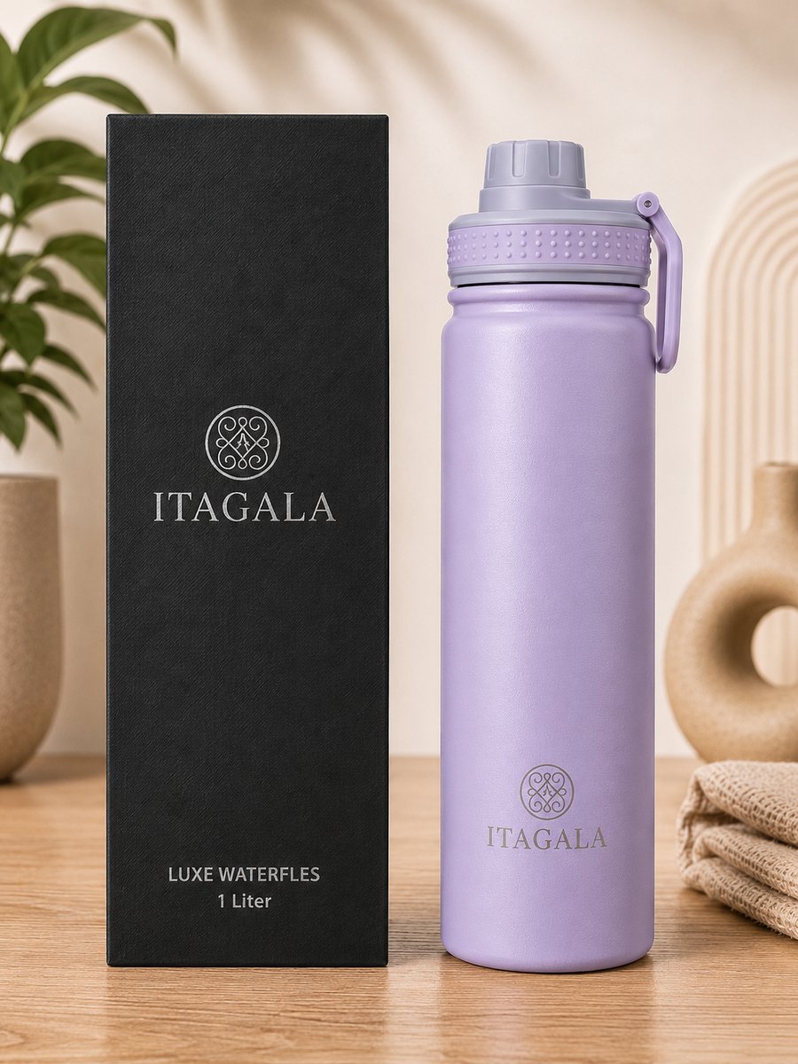 ITAGALA® Waterfles 1 Liter - Luxe RVS Thermosfles - Drinkfles - Fruit Filter - 100% Lekvrij - BPA vrij - Sport Drinkflessen Volwassenen - 24uur koud/12 uur warm- Isolatie drinkfles - Thermosbeker - Paars