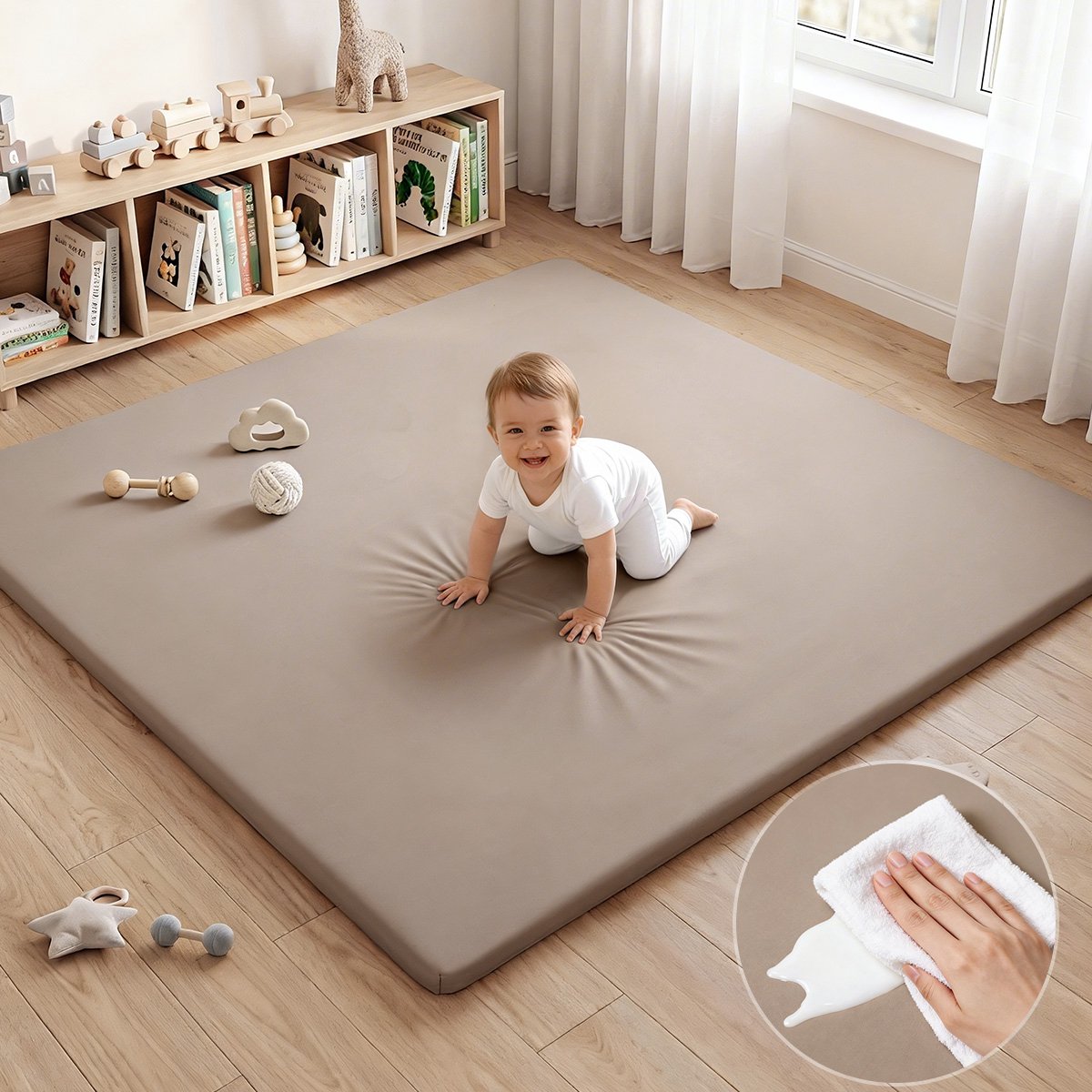 COMOMY Baby Speelmat 127x127x3 cm – Extra Dikke & Zachte Schuim Krabbelmat voor Baby's en Kinderen – Veilig Speelkleed & Kruipmat voor Binnenvloer – Taupegrijs