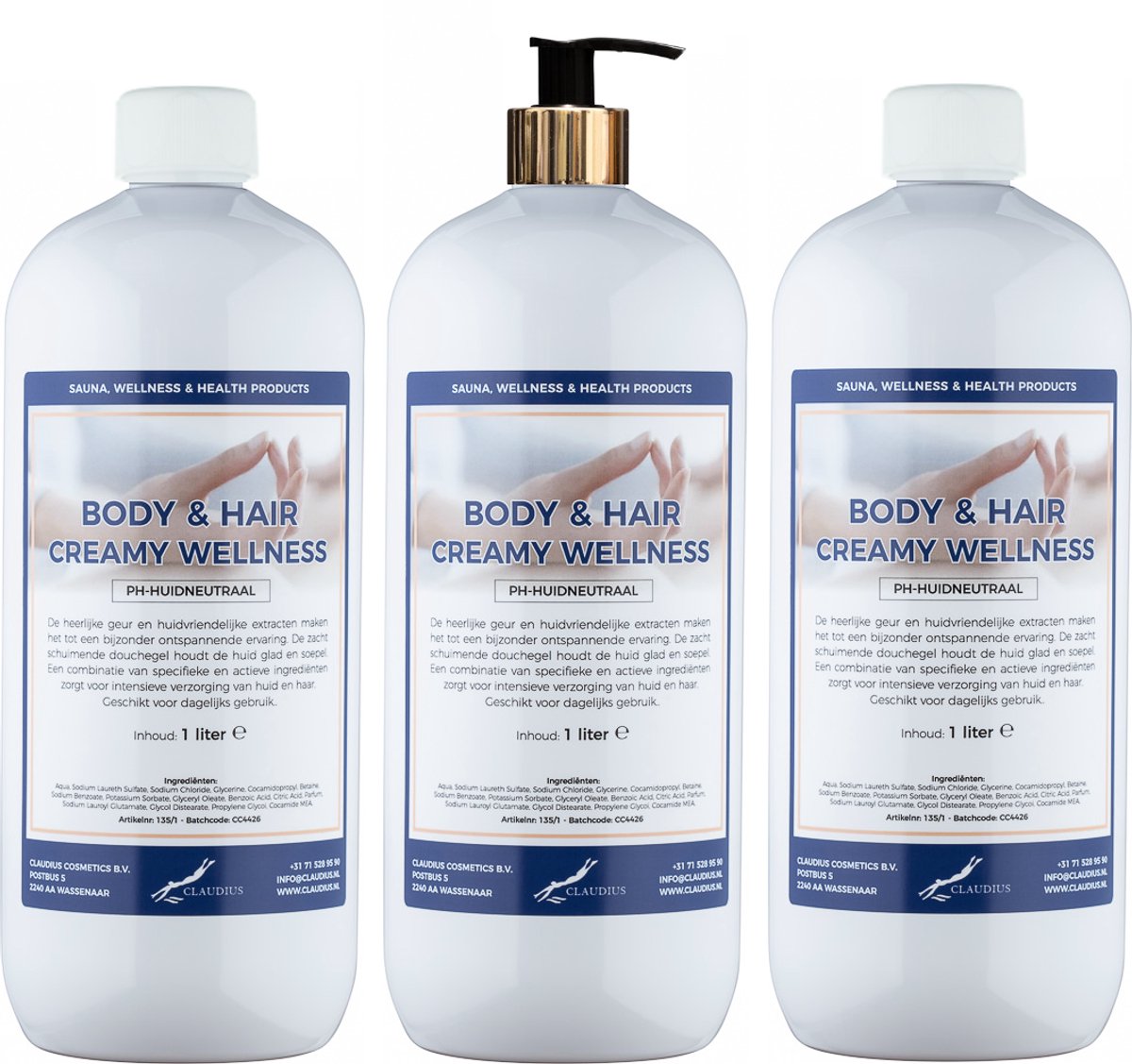 Body & Hair Creamy Wellness 1 liter met gouden pomp - set van 3 stuks - 2 in 1 voor lichaam en haar - voordeelverpakking