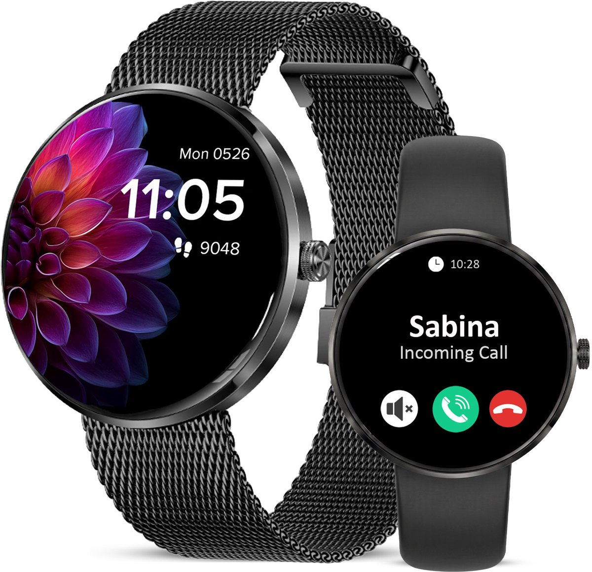 Avalue Dames Smartwatch - AMOLED Display - Belfunctie - Hartslag, SpO2 & Bloeddruk Monitor - Slaapmonitor - Vrouwengezondheid - Stappenteller - Android & iOS - RVS en Siliconen Band- Zwart