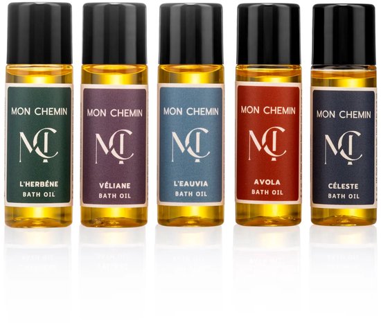 Mon Chemin® Badolie Discovery Set – Vijf Miniaturen Badolie in Luxe Cadeauverpakking
