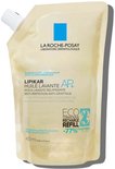 Gele navulzak met witte dop en blauw logo. Tekst "ECO CONSCIOUS RECHARGE REFILL -77% PLASTIQUE". 400 ml.