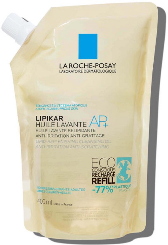 Gele navulzak met witte dop en blauw logo. Tekst "ECO CONSCIOUS RECHARGE REFILL -77% PLASTIQUE". 400 ml.