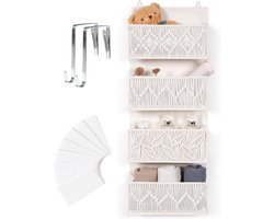 Hanging Organizer met 4 Pocketen van Handgeweven Beige Katoen en Linnen voor Ruimtebesparing in Slaapkamer, Badkamer en Keuken, Boho Stijl en Vouwbaar Achter de Deur