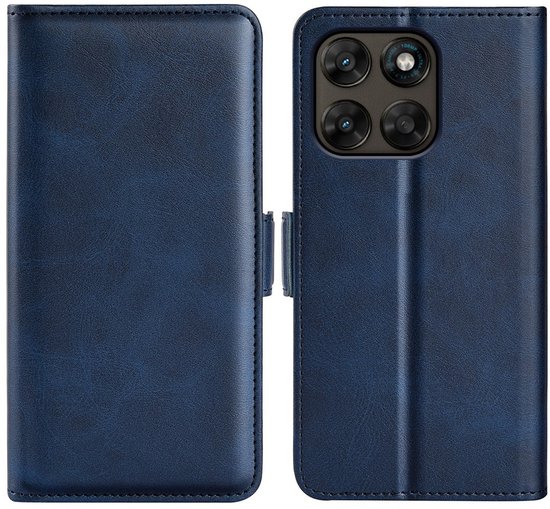Étui de téléphone bleu : vue avant et arrière fermées, et vue ouverte.