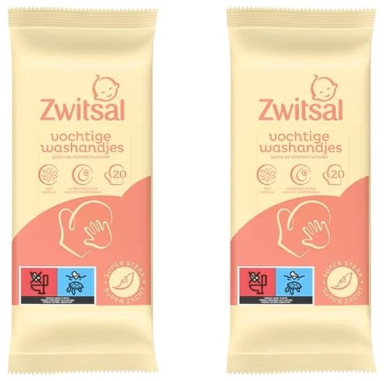 Twee pakjes Zwitsal vochtige washandjes met baby-illustratie, roze en crèmekleurig.