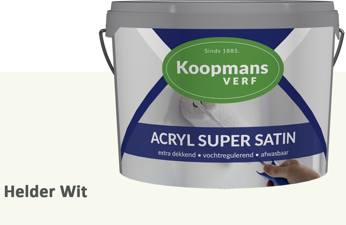 Koopmans Acryl Super Satin Zijdeglans Muurverf – Reinigbare Binnen- en Buitenverf voor Muren & Plafonds – Helder Wit – 10 l