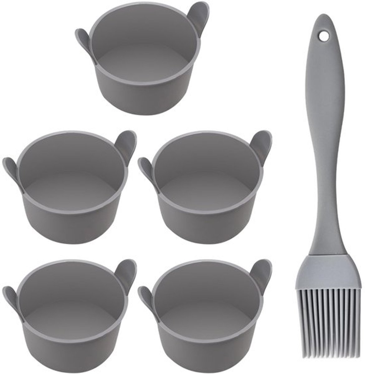 5 grijze Airfryer bakvormen met 1 grijze oliekwast, siliconen bakvormen, kleine puddingvormen, siliconen bakvormen voor het bereiden van pudding, cake, eieren etc.