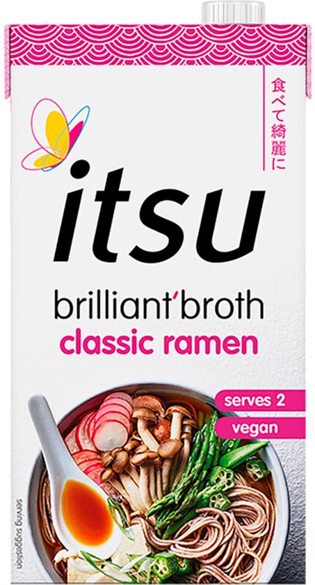 Itsu brilliant broth classic ramen pak met afbeelding van een kom ramen met noedels, groenten, paddestoelen en een lepel. 'Serves 2 vegan'.