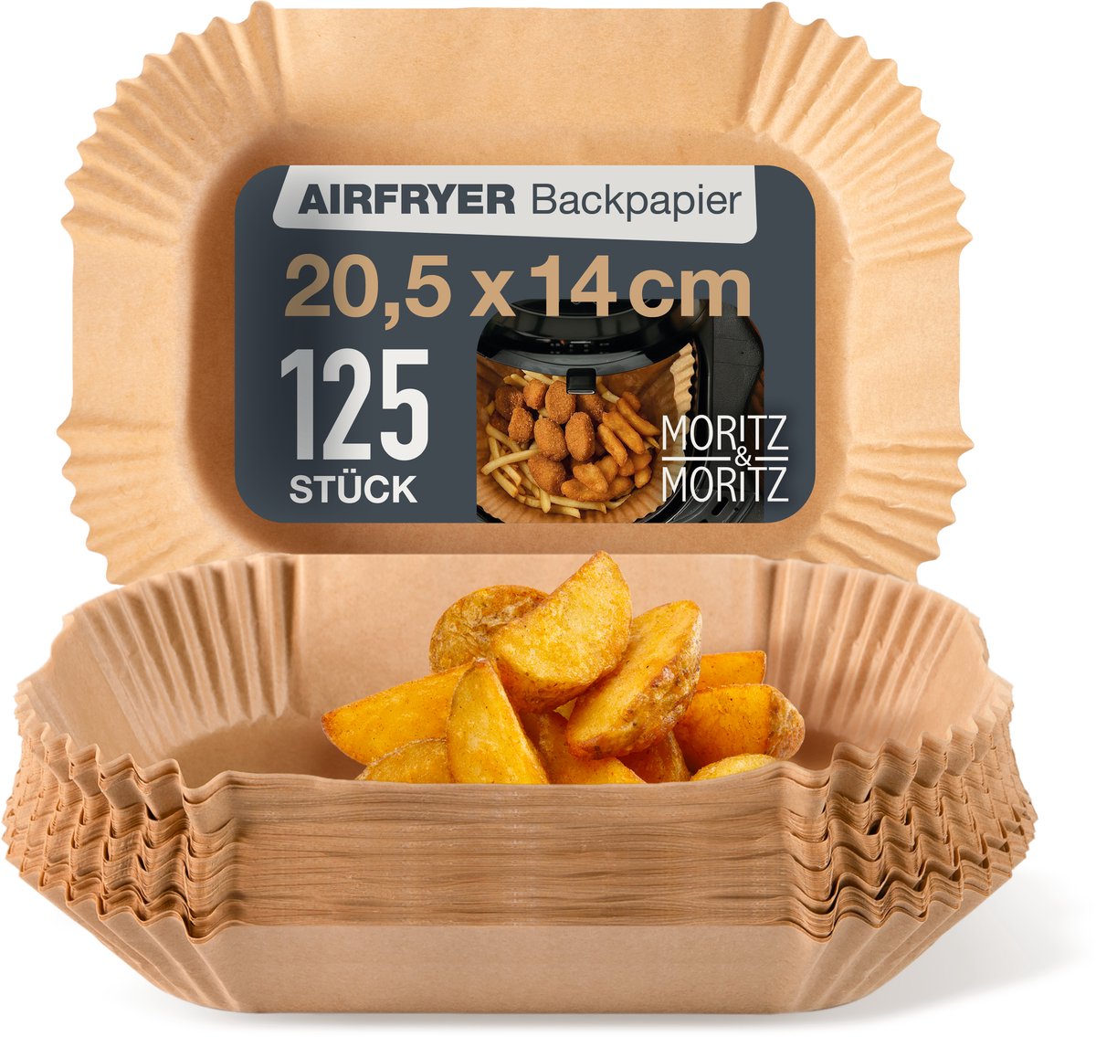 Moritz & Moritz Airfryer Bakpapier - 125 Stuks Vierkant - 20,5x14 cm - Airfryer Accesoires - Heteluchtfriteuse - Luchtfriteuse Wegwerp Bakjes