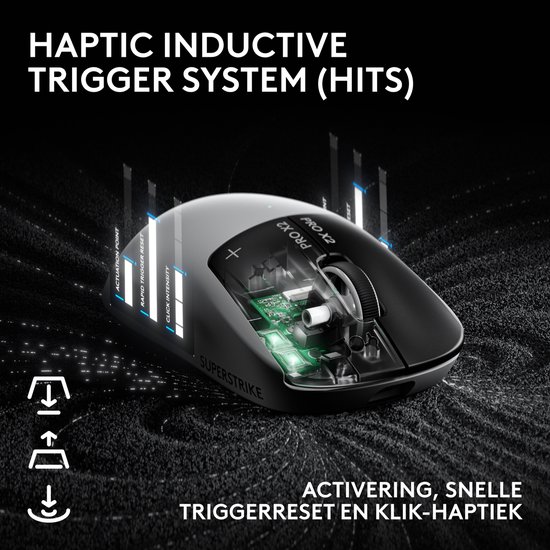 Witte gamingmuis met zwarte accenten, de tekst 'Nauwkeurige klik-haptiek' en 'Fluisterstil met instelbare intensiteit'.