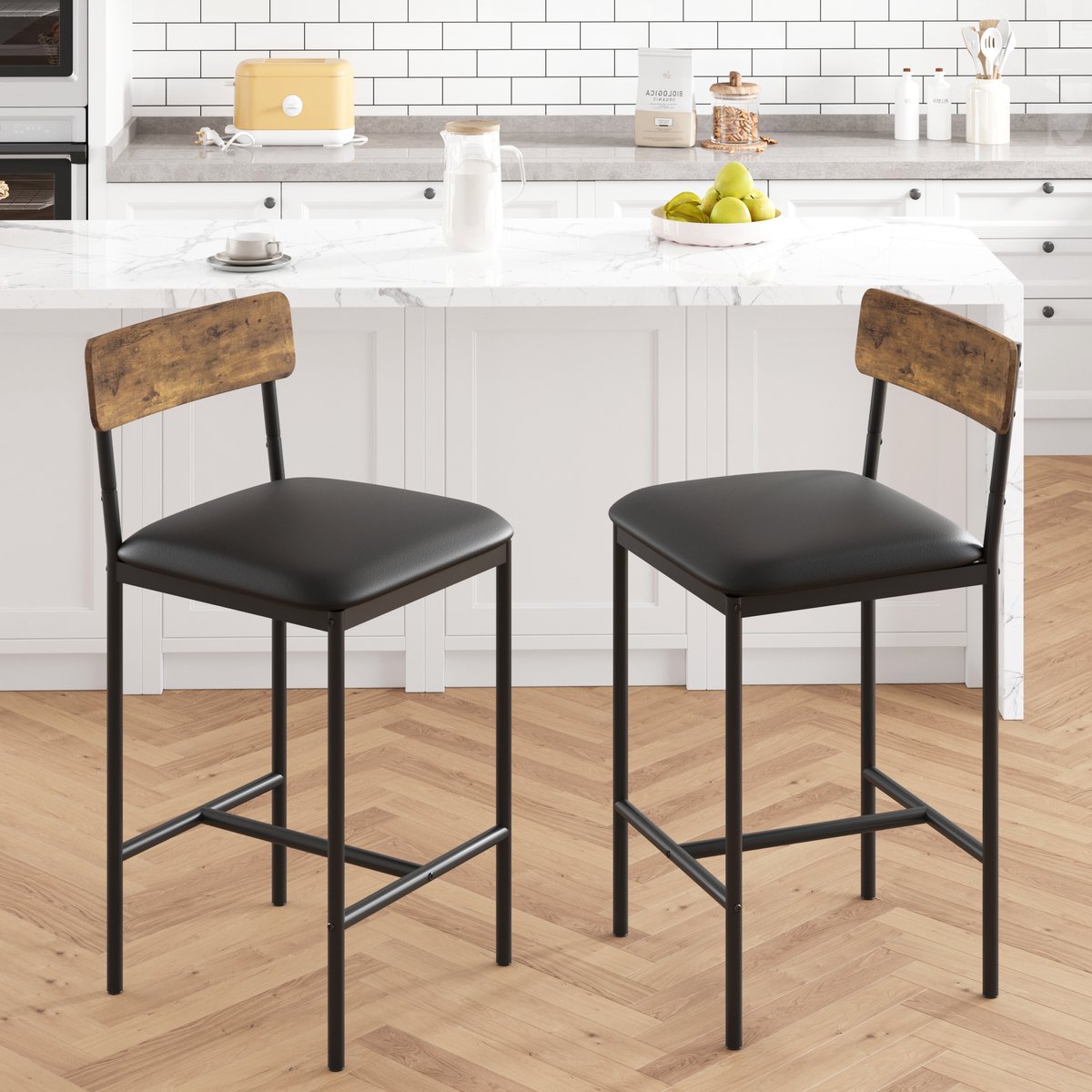 HOERFURIY Barkrukken Set van 8 - Industrieel Design met Rugleuning - PU-Leder & Metaal - Barkrukken voor Kookeiland & Bar - Comfortabele Barstoelen - 95 cm Hoog - Bruin