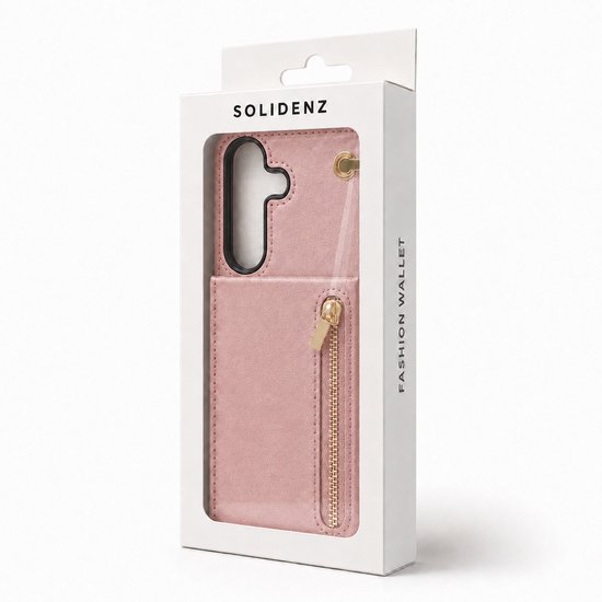 Verpakking van roségouden telefoonhoesje met ritssluiting en draagkoord. "FASHION WALLET"