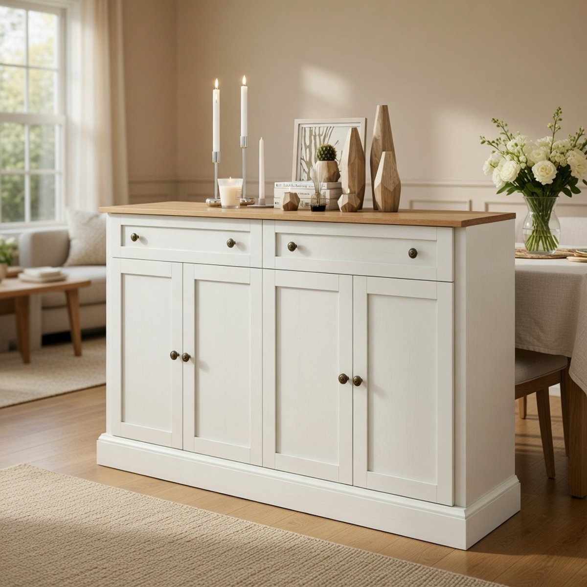 KOMHTOM Grote dressoir - Vier deuren - Twee lades - Moderne buffetkast - Geschikt voor eetkamer en woonkamer - 150x86x40 cm - Antiekwit + Natuurhout Natuurlijk hout