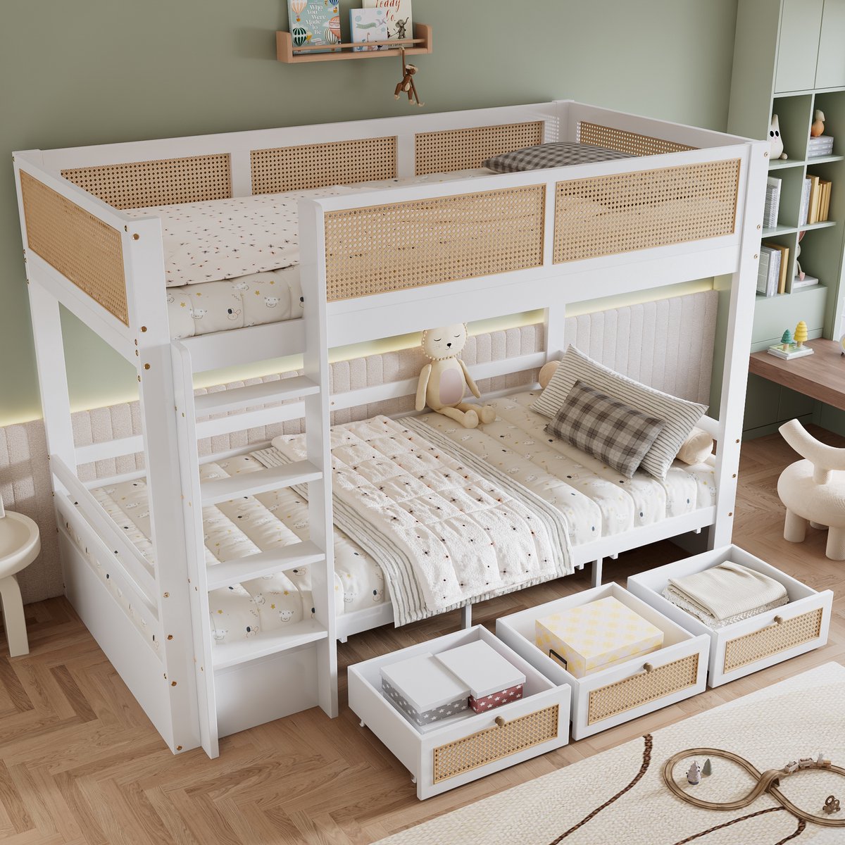 HAUSS SPOLE Kinderstapelbed 90x200 cm - Rattanlook Hek en 3 Laden - Zonder Matras - Ladder en Opbergruimte - Wit en Naturel