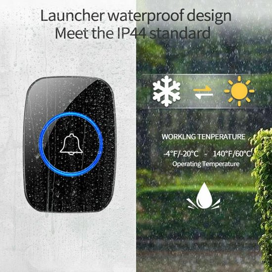 Deurbel - Waterdichte draadloze deurbelset - Inclusief 1 zender en 2 ontvangers - 60 beltonen - Volumeregeling met 5 niveaus - LED-indicator - Effectief bereik van 300 meter - Geschikt voor woningen, kantoren en hotels - Zwart — afbeelding 3