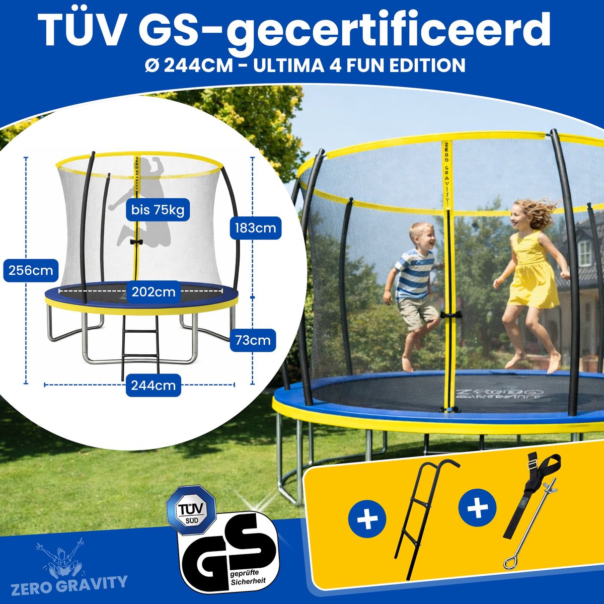 Zero Gravity trampoline Ø 244 cm – kindertrampoline met slim opvouwbaar veiligheidsnet – incl. ladder en grondankers – max. 75 kg - ronde tuintrampoline - Ultima 4 Fun Edition — afbeelding 5
