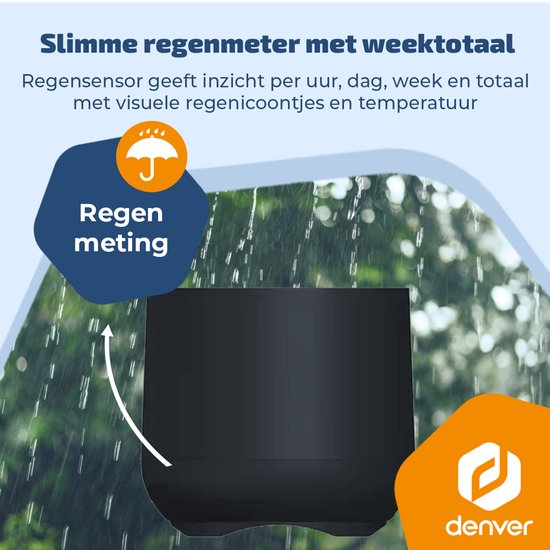 Zwarte regenmeter in de regen, met tekst "Regen meting" en "Slimme regenmeter met weektotaal".