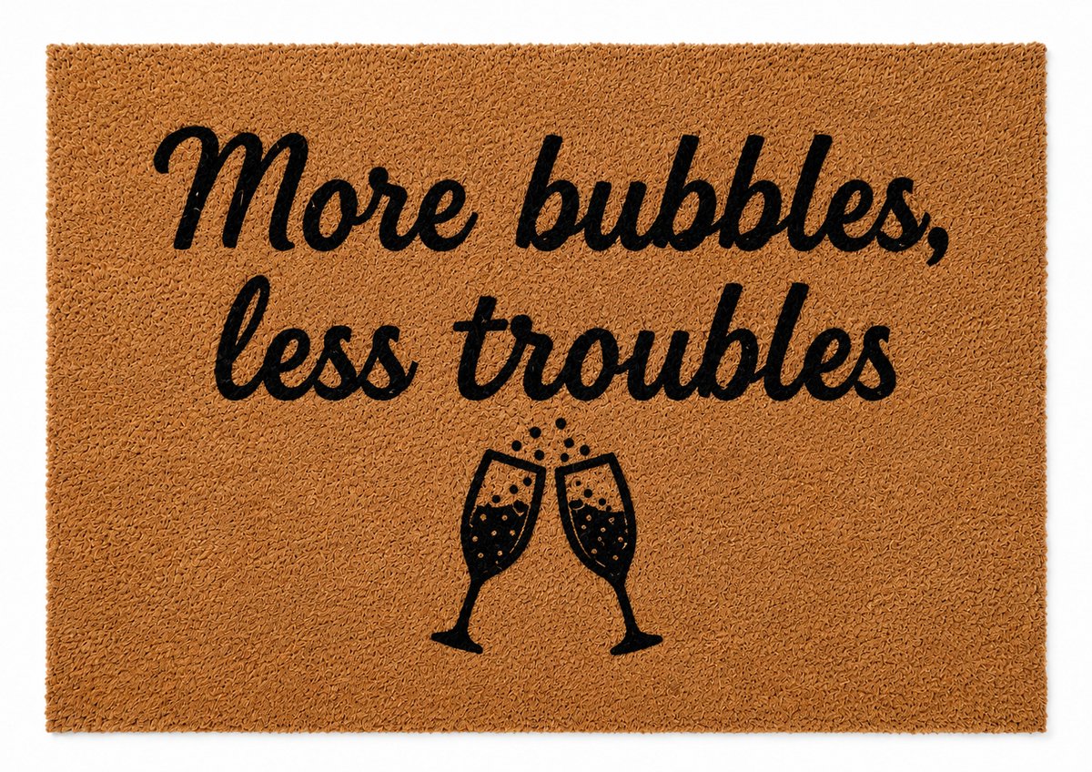 HEM Deurmat More Bubbles Less Troubles – Kokosmat 59x39 cm – Antislip PVC Onderzijde – Champagne Thema – Entree Mat – Inclusief HEM Microvezeldoekje