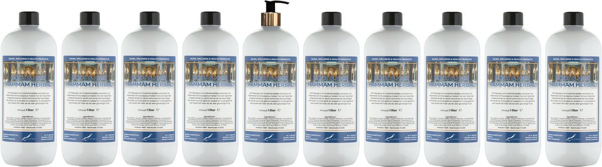 Body & Hair Hammam Herbal 1 liter met gouden pomp - set van 10 stuks - 2 in 1 voor lichaam en haar - voordeelverpakking