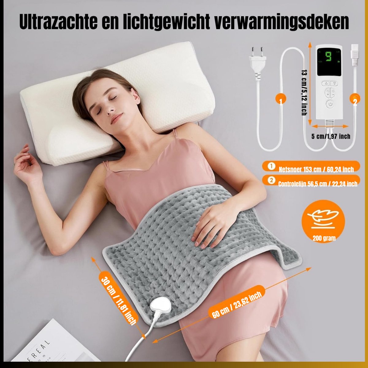 SVN® Warmtekussen Elektrisch - Warmtekussen - Warmtedeken - 9 verwarmingsstanden - Grijs - 60cm x 30cm x 1cm — cadeau in Verzorging - foto 7