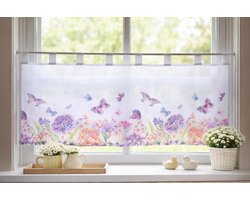 Bistrogordijn Bloemen - Keukengordijn Vitrage - Keuken Decoratie - Lichtdoorlatend Privacy - 50x120 cm - Wit Paars
