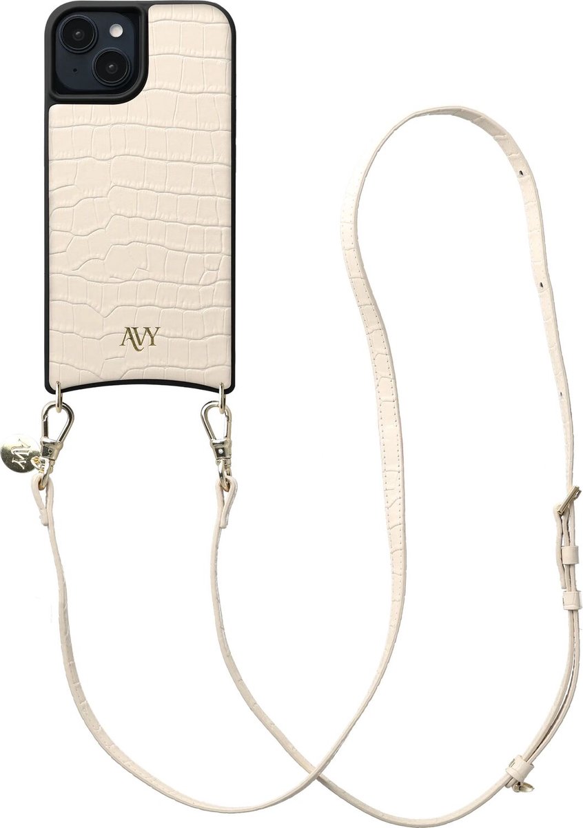 AVY Leren Hoesje Geschikt voor Apple iPhone 14 / 13 | Compatibel met MagSafe | Leather Case met Telefoonkoord | Crossbody | Croco Beige | Long Leather