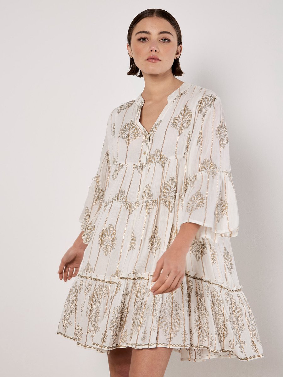 Metallic Paisley Tiered Tunic Mini Dress