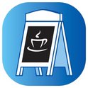 Een logo van een A-bord met een kop koffie erop.
