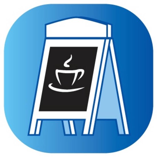 Een logo van een A-bord met een kop koffie erop.