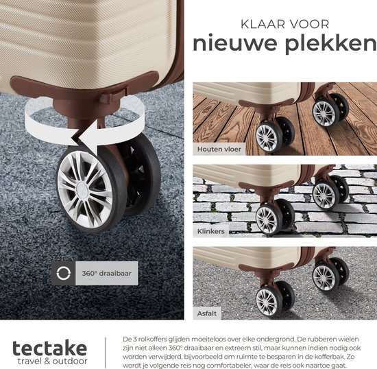 360° draaibare wielen van crème koffers op verschillende ondergronden: hout, klinkers en asfalt.