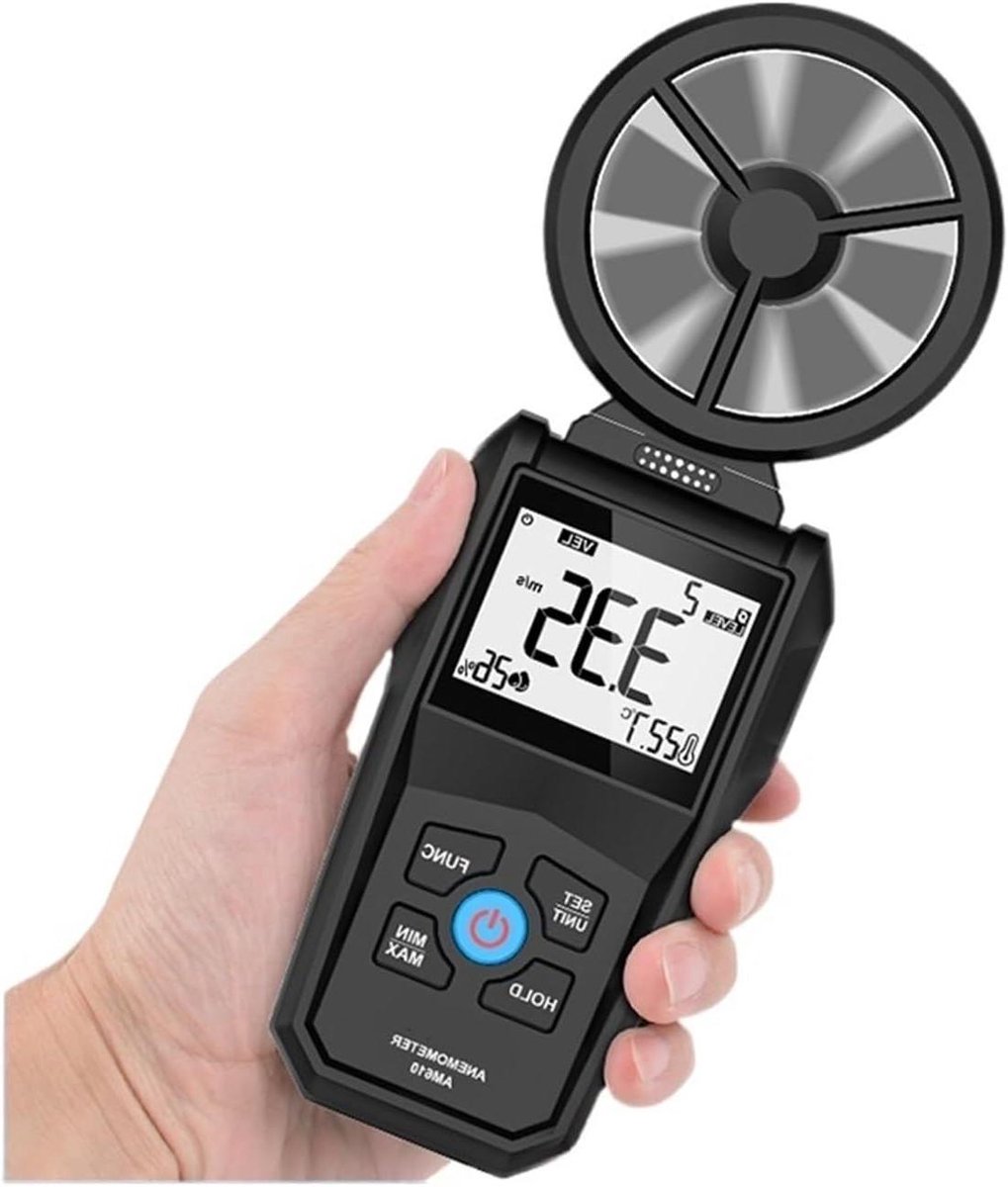 Digitale Anemometer - Windsnelheidsmeter Windmeter - Meteorologie Metingen - LCD Backlight Display - Temperatuur Vochtigheid - Grijs