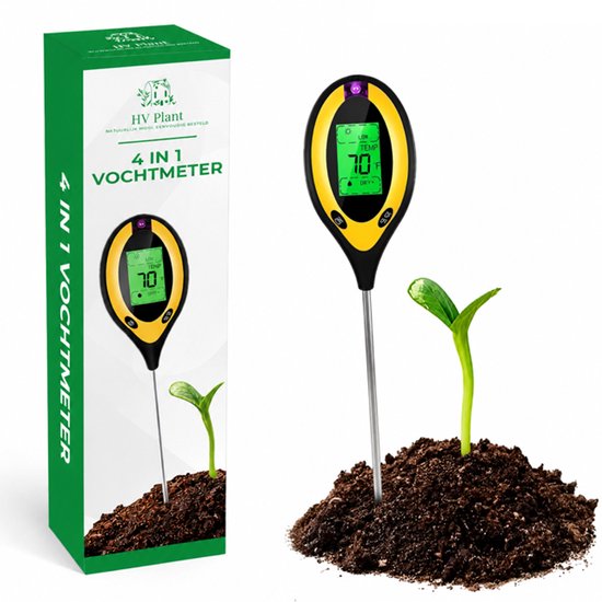 Doos en gele/zwarte 4-in-1 vochtmeter met digitale display die 'LOW TEMP 70°F DRY+' toont, naast een jonge plant in de grond.