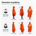 Maattabel oranje poncho voor man (180 cm) en vrouw (165 cm), met en zonder rugzak.