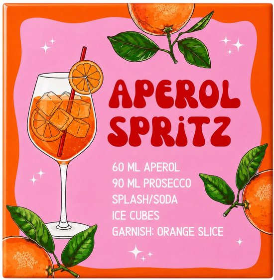 Carreau rose avec recette d'Aperol Spritz. Un verre avec boisson orange, glace et tranche d'orange, avec des illustrations d'oranges.