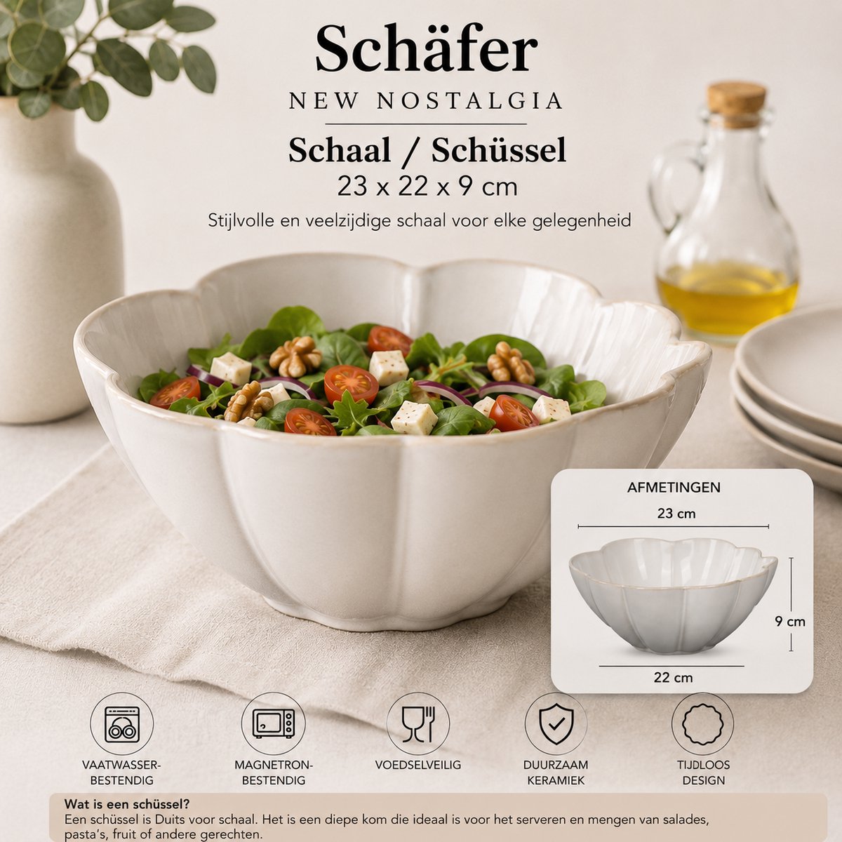 Schäfer New Nostalgia Schalen Set van 2 – 23x22x9 cm – Keramische Serveerschalen vintage stijl – Grote Kommen – Saladeschaal - beige