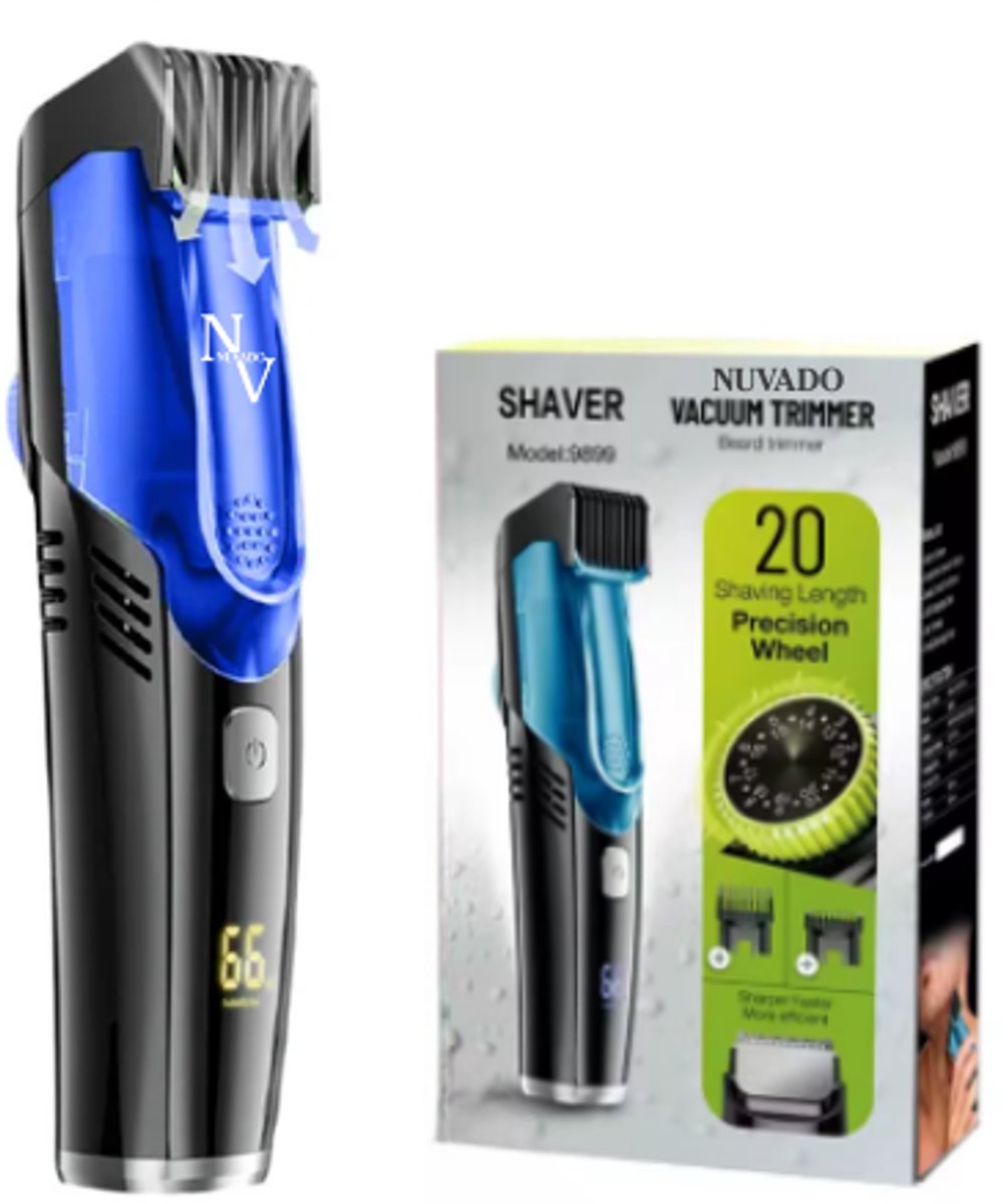 Nuvado Vacuüm Baardtrimmer Tondeuse Hoofdhaar- Blauw- Scheerapparaat - sterke motor -Verstelbaar 1-20mm - Ingebouwde afzuiging voor snor - Baard - Gezichtshaar- Precisie -Trimmer- Waterdicht - Lange batterij duur - Schoonmaken onder de douche