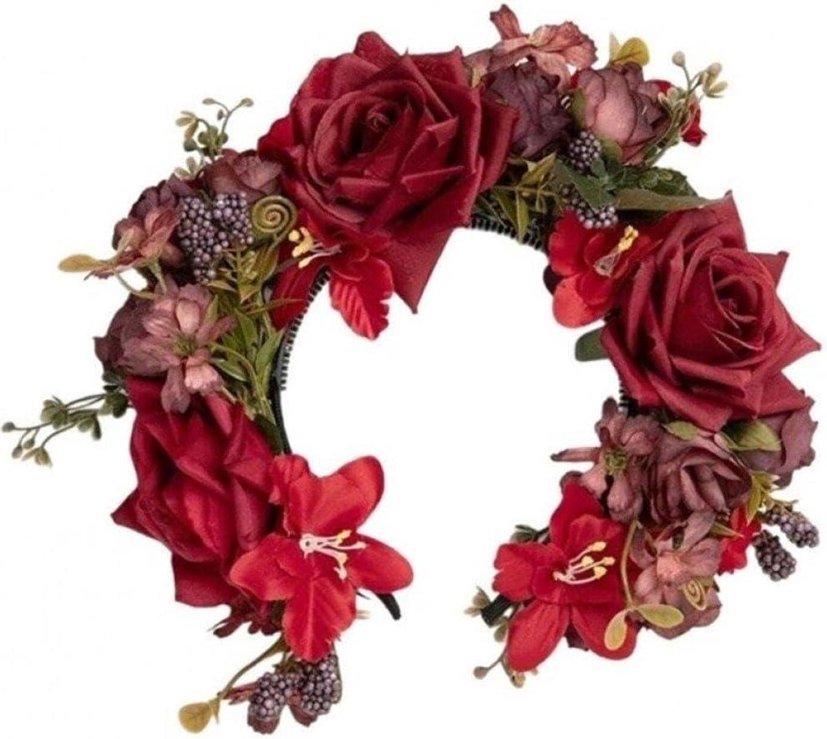 Bloemen Hoofdband - Bloemenkrans Haar - Feestelijk Dragen - Realistisch Stof - 25 x 21 cm - Rood