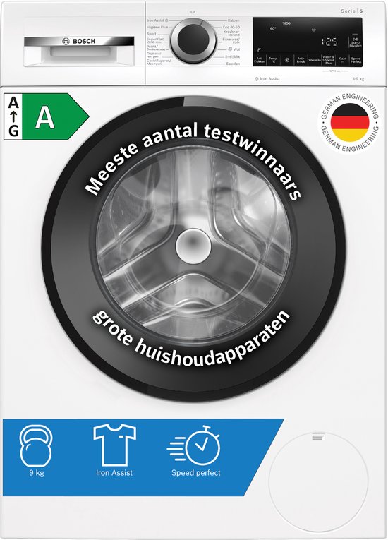 Wasmachine met een zwarte deur en wit bedieningspaneel met diverse programma's.