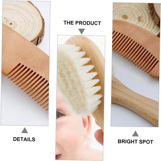 2-delige babyshampooborstel en kam - Zachte wol - Houten babyshampooborstelset - Geschikt voor het baden van baby's - Houtkleur 15/9,5 cm — afbeelding 4